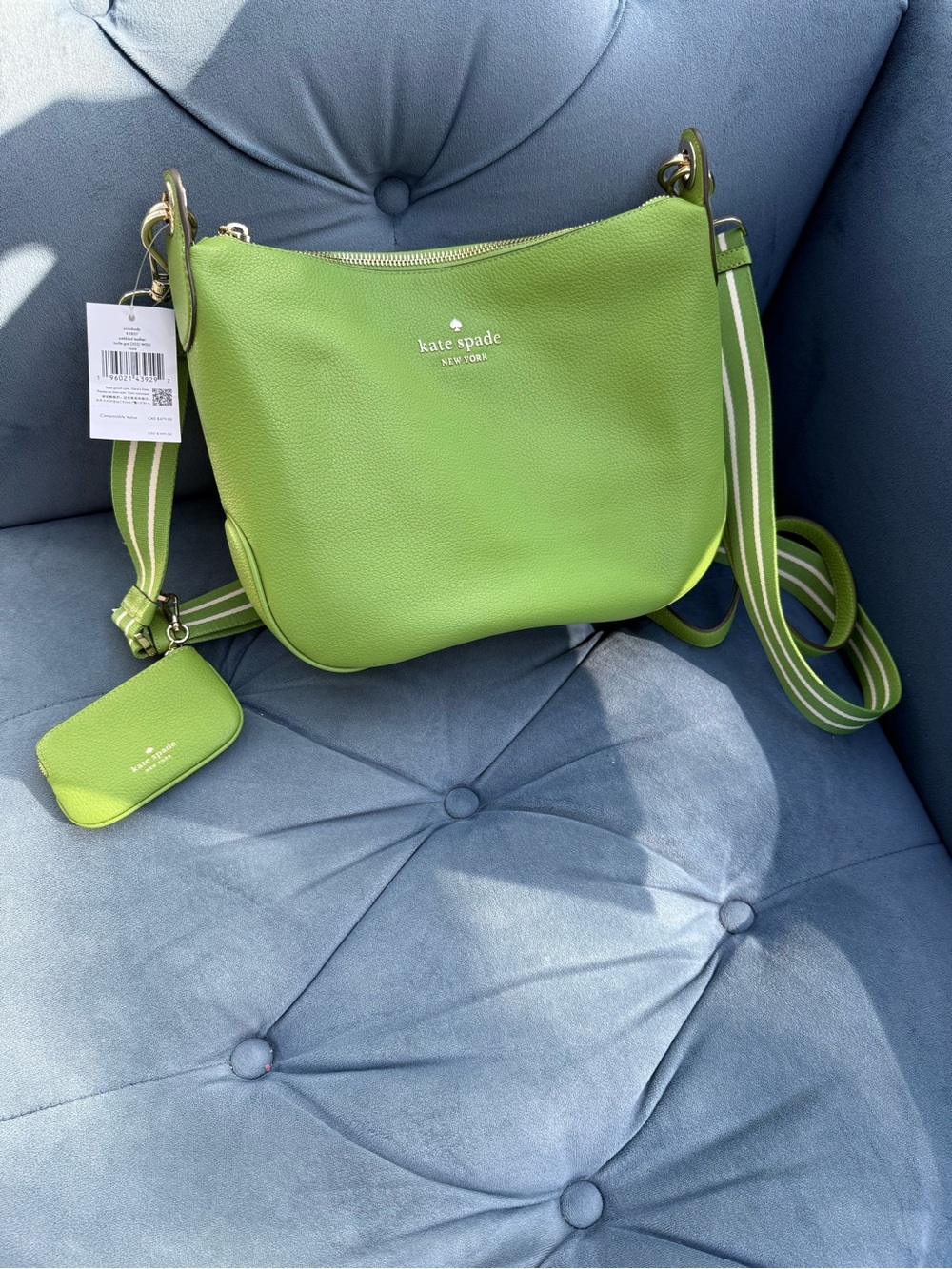 NWT Kate Spade Turtle Green Pebbled Leather Crossbody Bag with Striped Strap